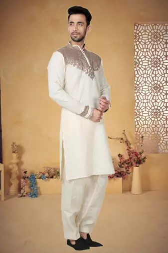 Indian Poshakh Cream Cotton Linen Kurta Pajama