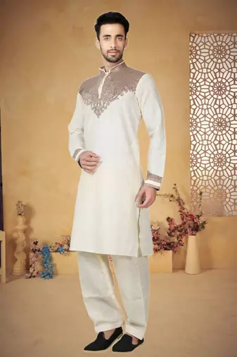 Indian Poshakh Cream Cotton Linen Kurta Pajama