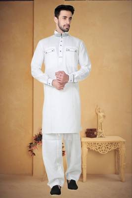 Indian Poshakh White Cotton Linen Kurta Pajama 1
