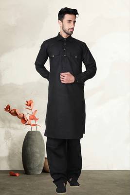Black Cotton Linen Pathani Suit 1