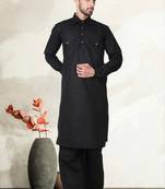 Black Cotton Linen Pathani Suit