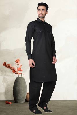 Black Cotton Linen Pathani Suit 2