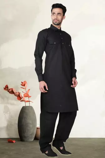 Black Cotton Linen Pathani Suit