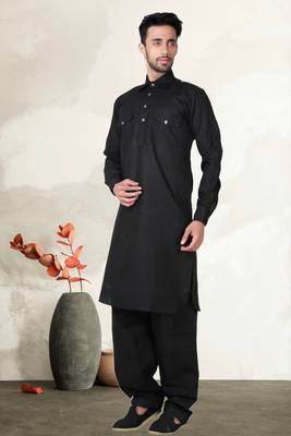 Black Cotton Linen Pathani Suit 3