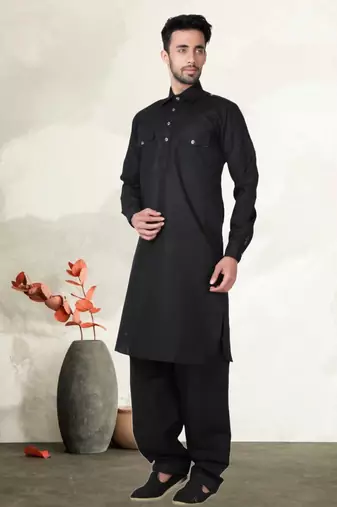 Black Cotton Linen Pathani Suit