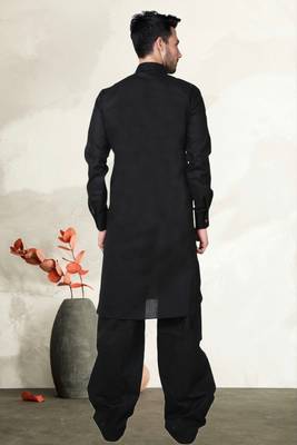 Black Cotton Linen Pathani Suit 4