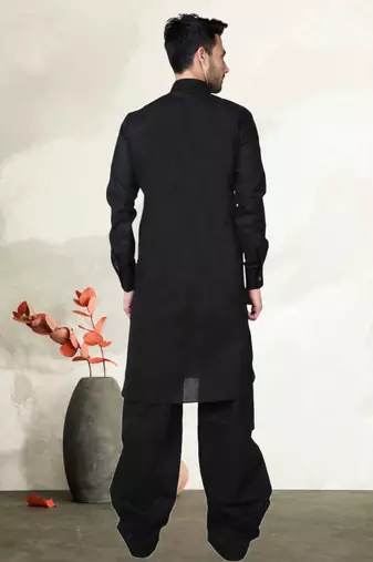 Black Cotton Linen Pathani Suit