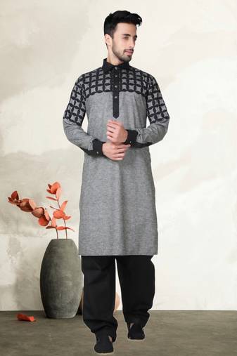 Indian Poshakh Black Cotton Linen Kurta Pajama