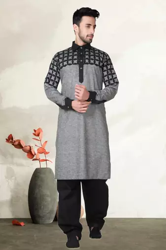 Indian Poshakh Black Cotton Linen Kurta Pajama