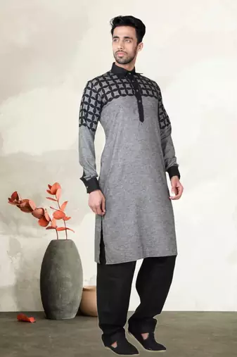 Indian Poshakh Black Cotton Linen Kurta Pajama