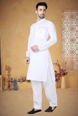 Indian Poshakh White Cotton Linen Kurta Pajama 3