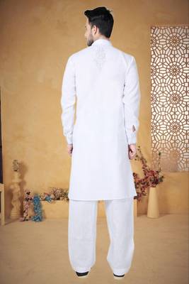 Indian Poshakh White Cotton Linen Kurta Pajama 4