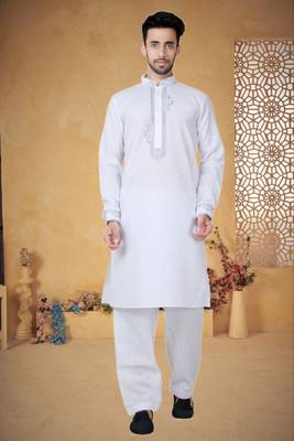 Indian Poshakh White Cotton Linen Kurta Pajama 1