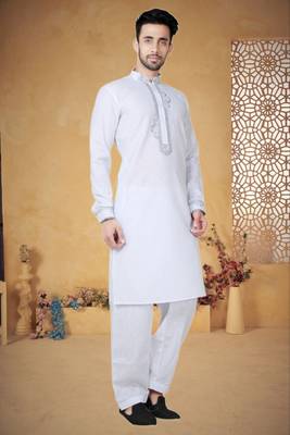 Indian Poshakh White Cotton Linen Kurta Pajama 2
