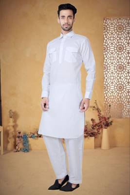 Indian Poshakh White Cotton Linen Pathani Suit 1