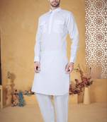 Indian Poshakh White Cotton Linen Pathani Suit