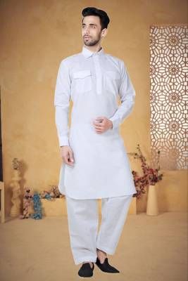Indian Poshakh White Cotton Linen Pathani Suit 2