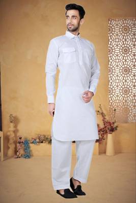 Indian Poshakh White Cotton Linen Pathani Suit 3