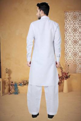 Indian Poshakh White Cotton Linen Pathani Suit 4