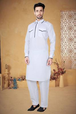 Indian Poshakh White Cotton Linen Kurta Pajama 1