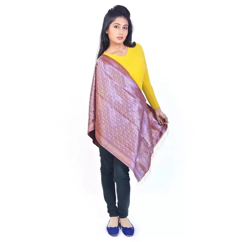 Designer Floral Golden Brown Glossy Brocade Stole