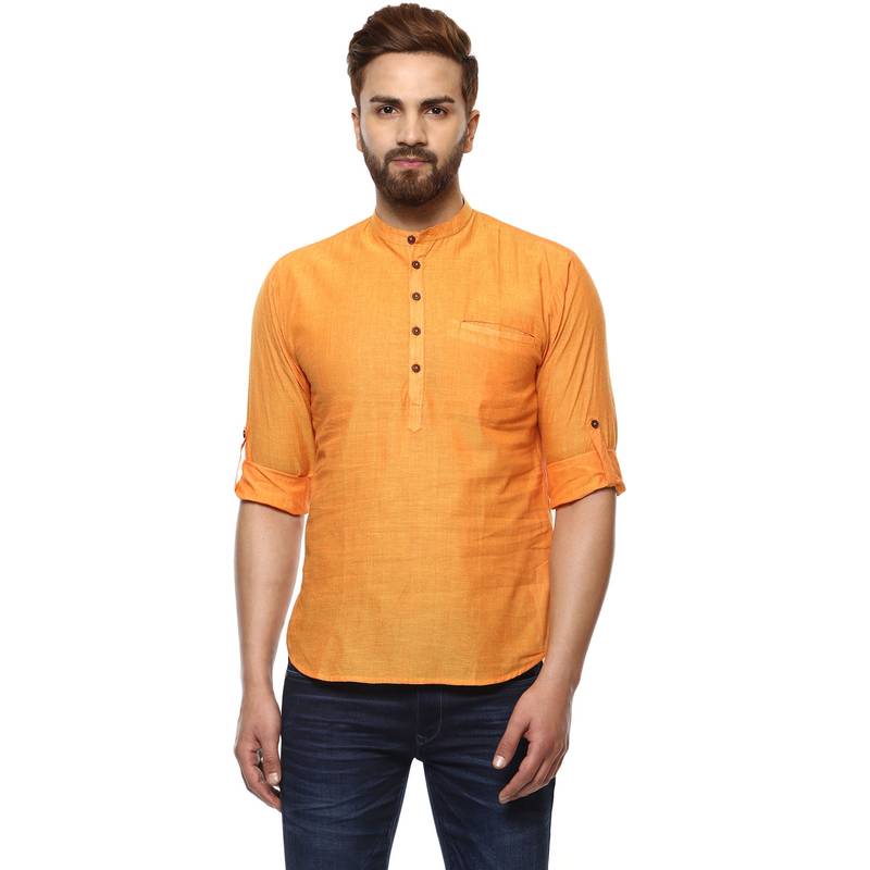 Solid Orange Colour Roll Up Short Kurta