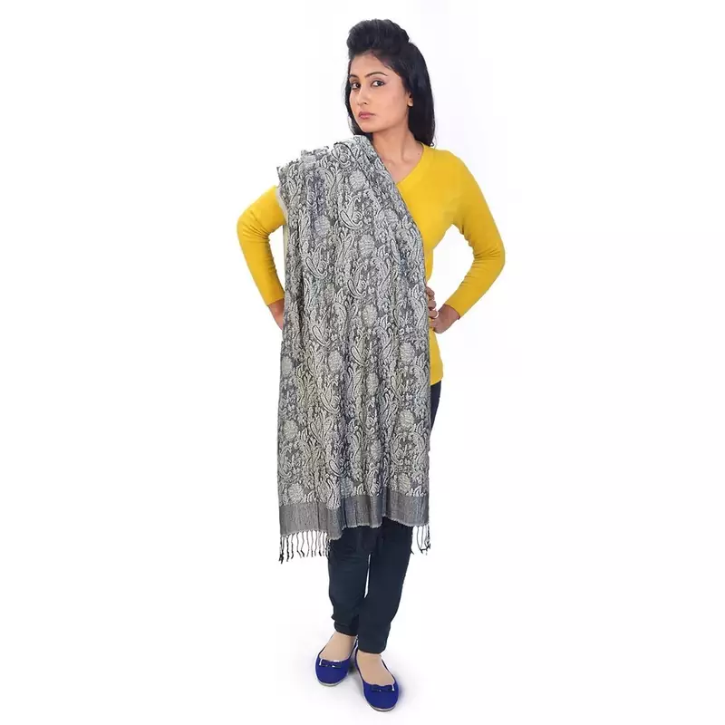 Ethnic Paisley Design Grey Kashmeeri Silk Stole