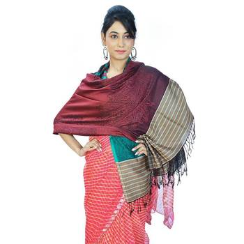 Multi-Color Striped Border Reversible Silk Stole 2