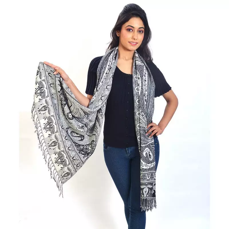 Pure Kashmiri Floral N Paisley Print Silk Stole