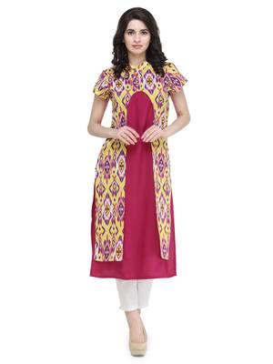 Indibelle Pink rayon printed a line kurti with trouser. 1