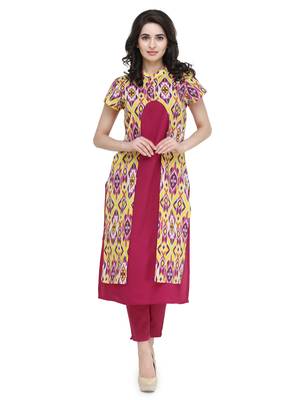 Indibelle Pink rayon printed a line kurti with trouser. 1