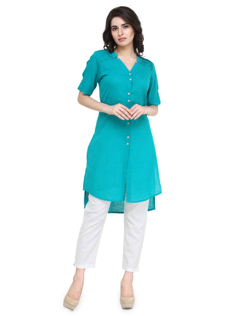 Green cotton plain straight kurti with trouser.