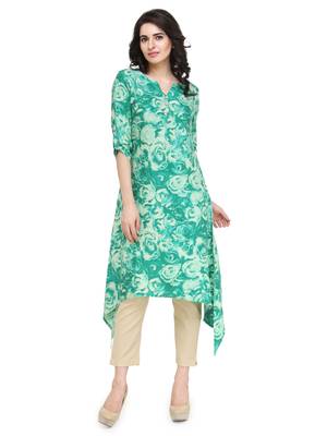 Indibelle Green rayon floral print a line kurti with trouser. 1