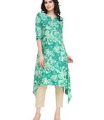 Indibelle Green rayon floral print a line kurti with trouser.