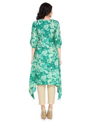 Indibelle Green rayon floral print a line kurti with trouser. 2