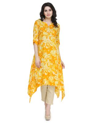 Indibelle Yellow rayon floral print a line kurti with trouser. 1