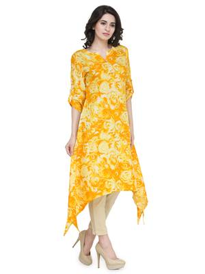 Indibelle Yellow rayon floral print a line kurti with trouser. 3