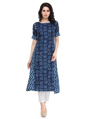Blue rayon floral print a line kurti with trouser. 1