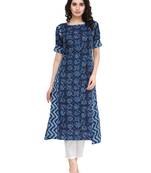 Blue rayon floral print a line kurti with trouser.