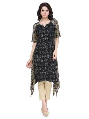 Indibelle Black rayon floral print a line kurti with trouser. 1