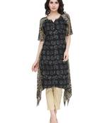 Indibelle Black rayon floral print a line kurti with trouser.