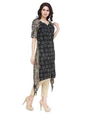 Indibelle Black rayon floral print a line kurti with trouser. 3