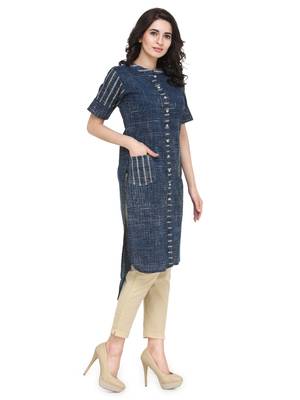 Indibelle Blue cotton striped print striaght kurti with trouser. 3