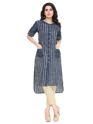 Indibelle Blue cotton striped print striaght kurti with trouser. 1