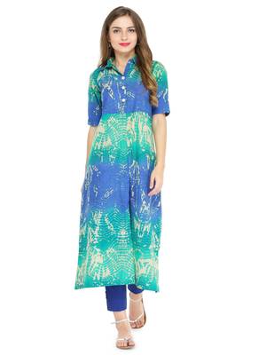 Indibelle Blue cotton abstarct print a line style kurti with trouser. 1