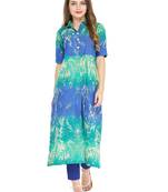 Indibelle Blue cotton abstarct print a line style kurti with trouser.