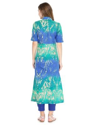 Indibelle Blue cotton abstarct print a line style kurti with trouser. 2