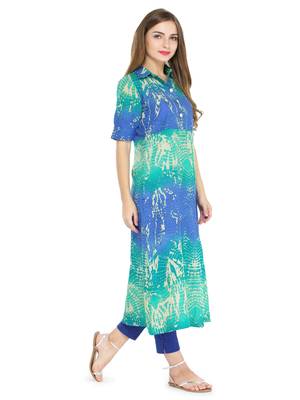 Indibelle Blue cotton abstarct print a line style kurti with trouser. 3