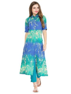 Indibelle Blue cotton abstarct print a line style kurti with trouser. 1