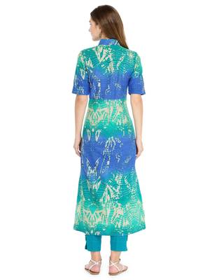 Indibelle Blue cotton abstarct print a line style kurti with trouser. 2